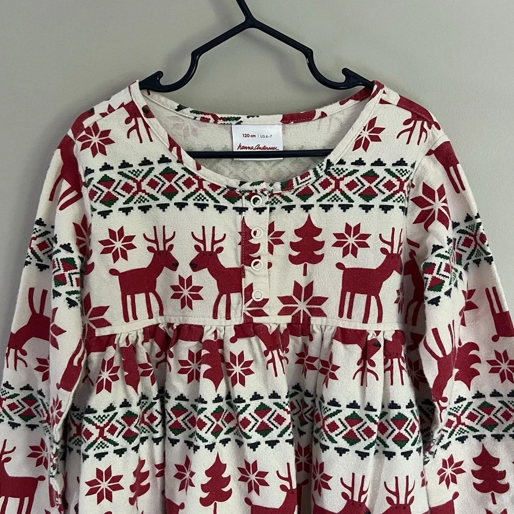Hanna Andersson Festive Red Cream Green Holiday Reindeer Dress 6/7 Christmas